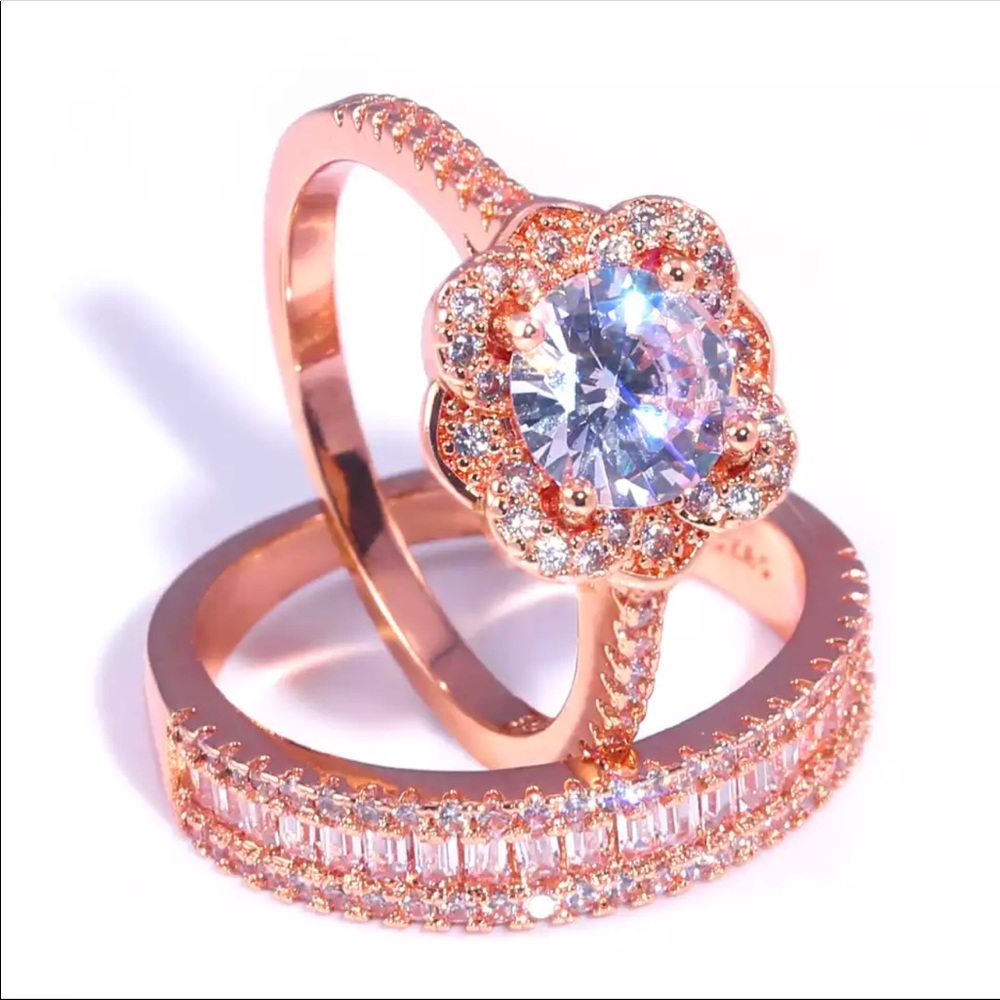 New Rose Gold Romantic 2PC Set Flower Ring - Picture 2 of 6